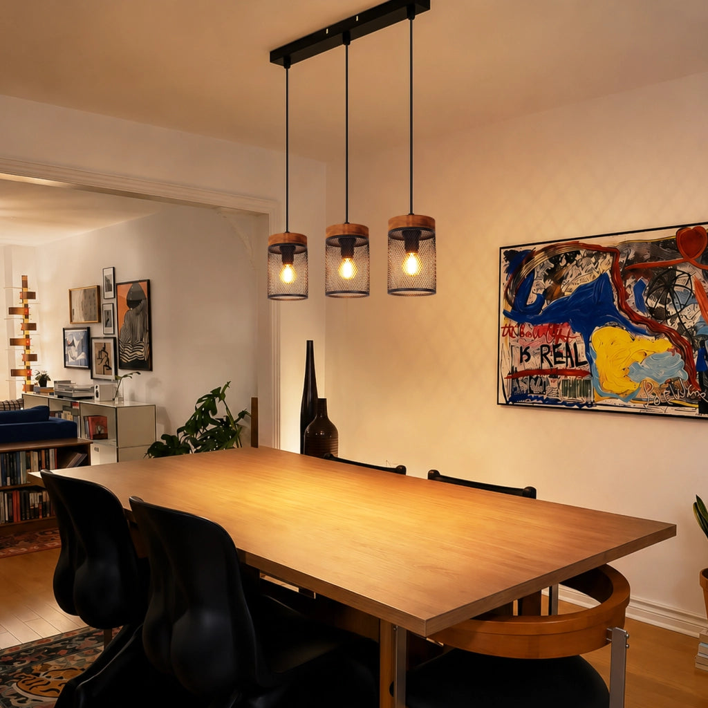 ZMH Lampada a Sospensione Vintage Legno Nero 3 Luci E14 Industriale per Soggiorno Sala da Pranzo Cucina Senza Lampadina
