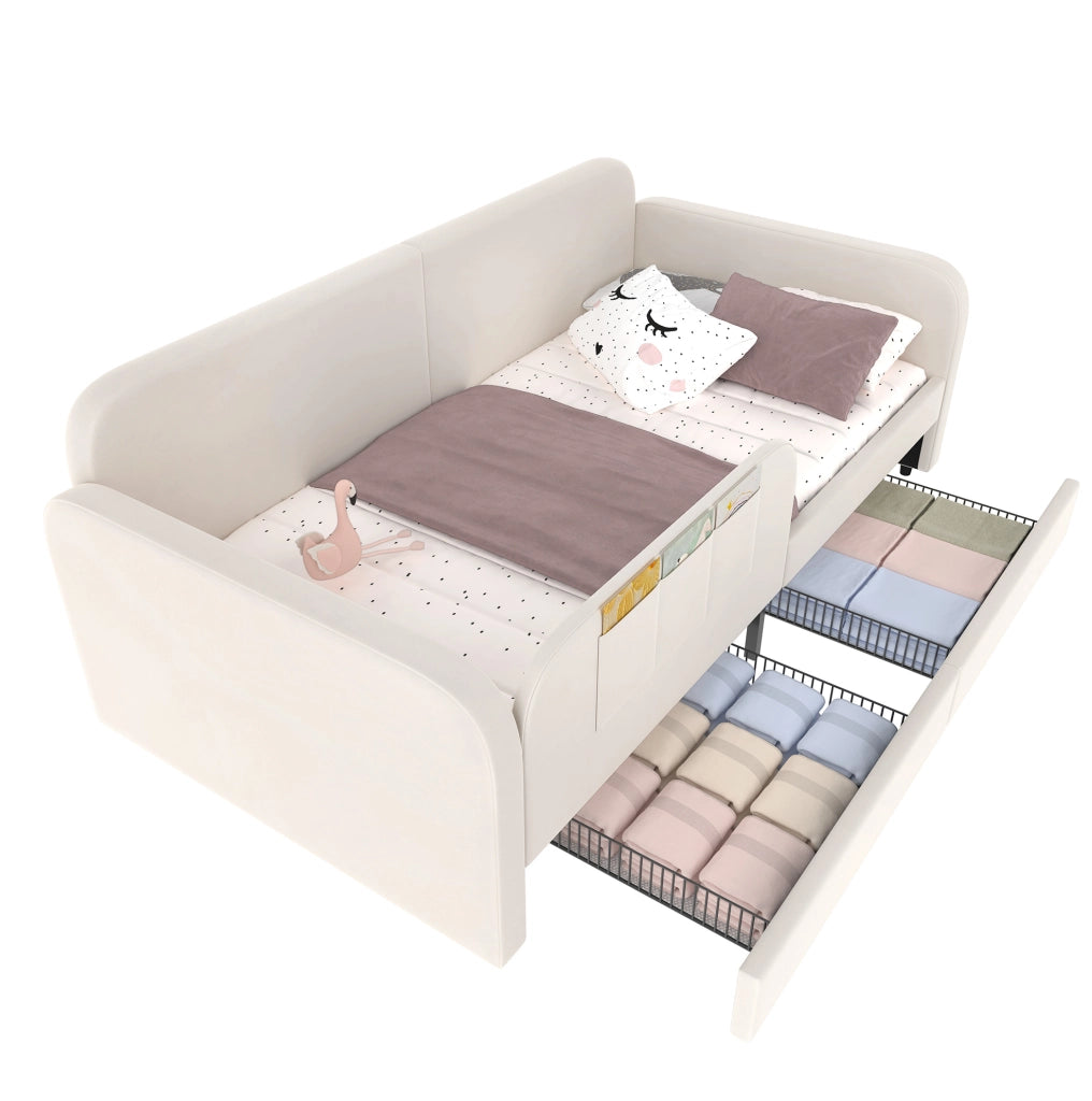 Letto singolo imbottito 90x200 cm con cassetti, bianco