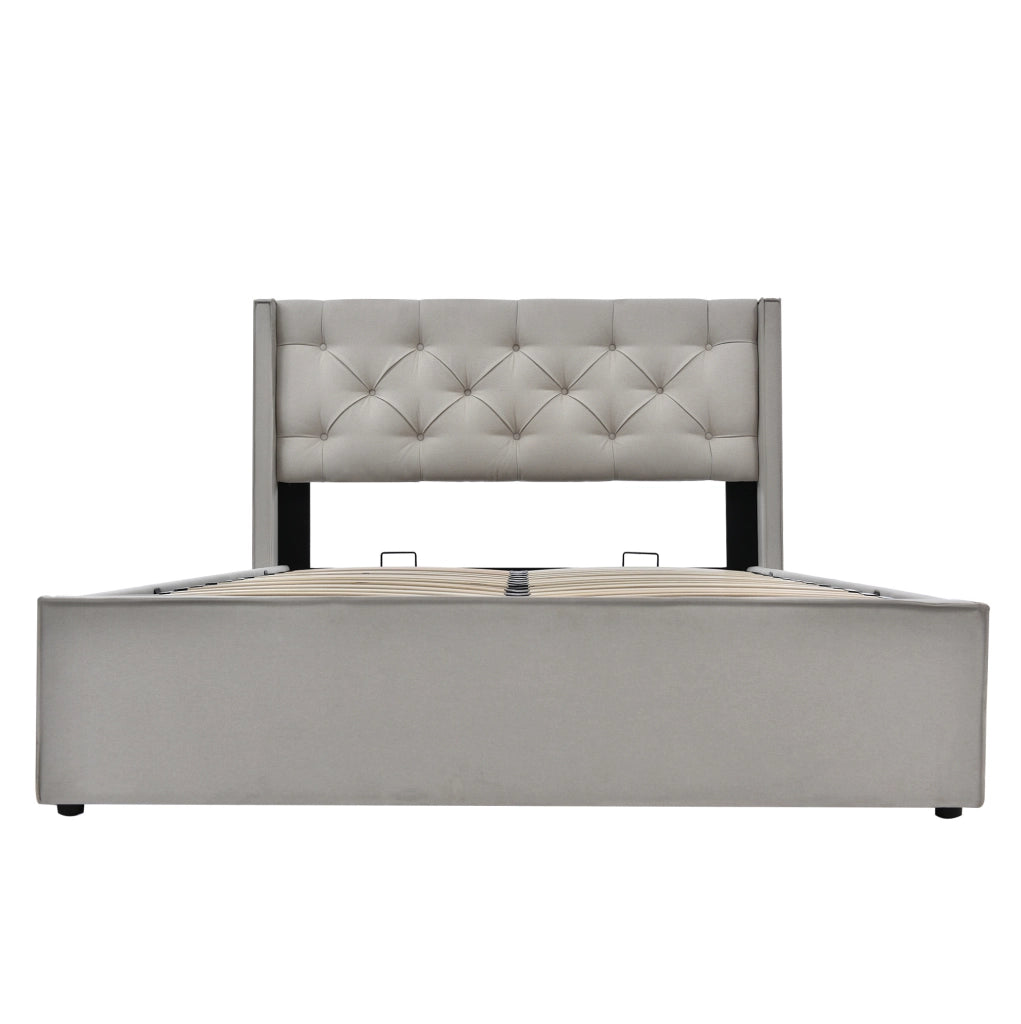 Letto matrimoniale imbottito con contenitore 140x200 cm in cotone grigio chiaro