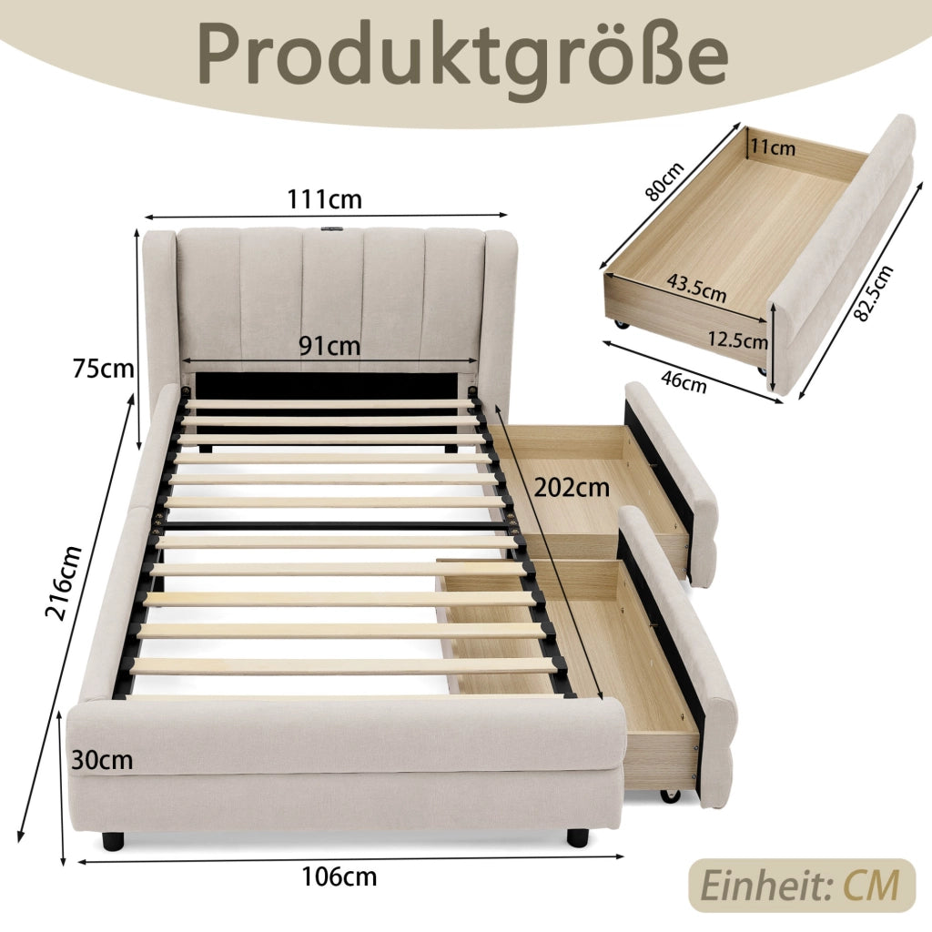 Letto singolo 90x200 cm con 2 cassetti; porte USB e Type-C; in tessuto Chenille beige