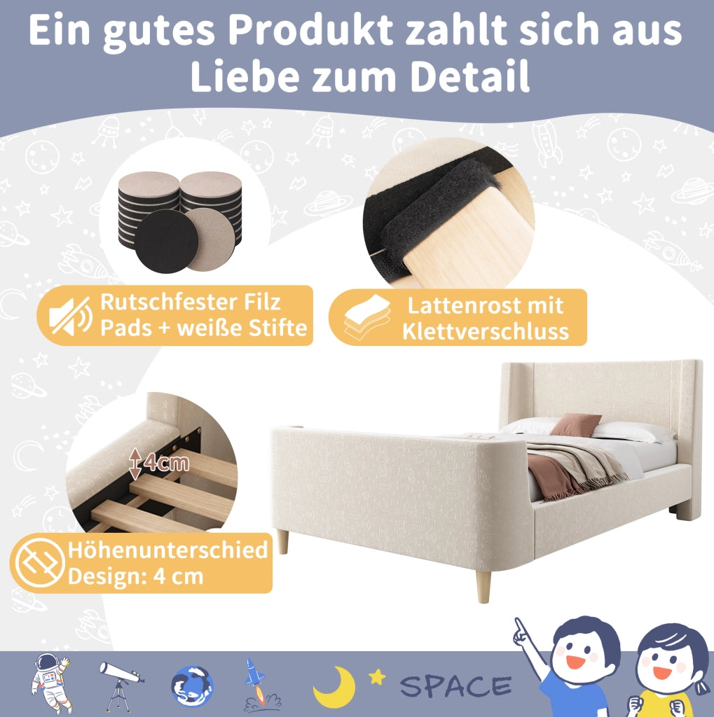 Letto singolo a slitta 90x200 cm in velluto beige con motivo spaziale per ?????ini