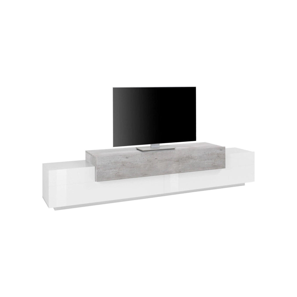 Mobile da soggiorno Porta Tiche, Made in Italy, Supporto per Tiche da salotto a 3 ante e ripiani, cm 240x45h52, Bianco lucido e Cemento