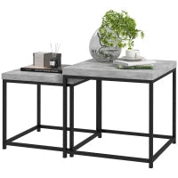 Set di 2 Tavolini da Salotto, Tavolini Bassi Quadrati, Tavoli da Salotto, Telaio in Acciaio e Piani in Legno, Grigio