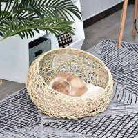 Cuccia per Gatti e Animali Domestici, Cesta in Rattan Beige con Cuscino in Cotone (Ф56 x 35 A cm)