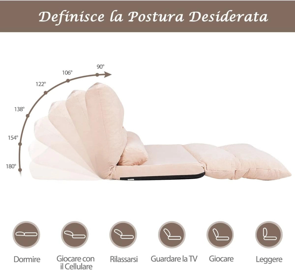 Divano da Terra, Divano Letto Multifunzionale Regolabile in 6 Posizioni con 2 Cuscini, con Fodera in Camoscio per Camera da Letto Salone Balcone (Beige)