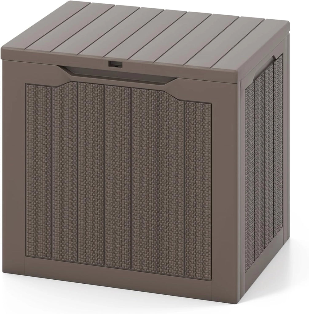 Contenitore per esterni, 96 l, grande scatola da giardino resistente alle intemperie, con coperchio bloccabile e trama intrecciata in rattan, organizer per attrezzi da piscina e giardino