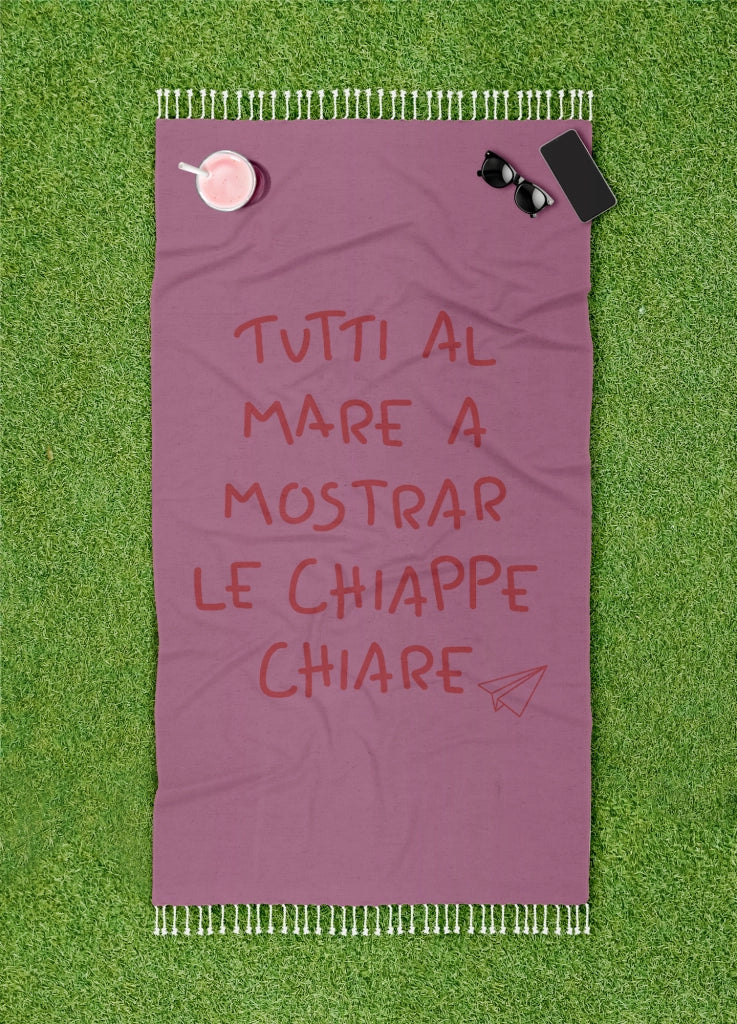 Telo Mare Con Frange Asciugamano Da Spiaggia Misura Grande 90x180 Cm Con Pochette Astuccio Assorbente In Morbido Cotone Leggero Stampa Tutti Al Mare AntiSabbia Lettino Vacanze Piscina Lilla