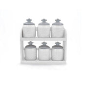 Set 6 Barattoli da Cucina Spezie in Ceramica con Mensola Decoro Grigio
