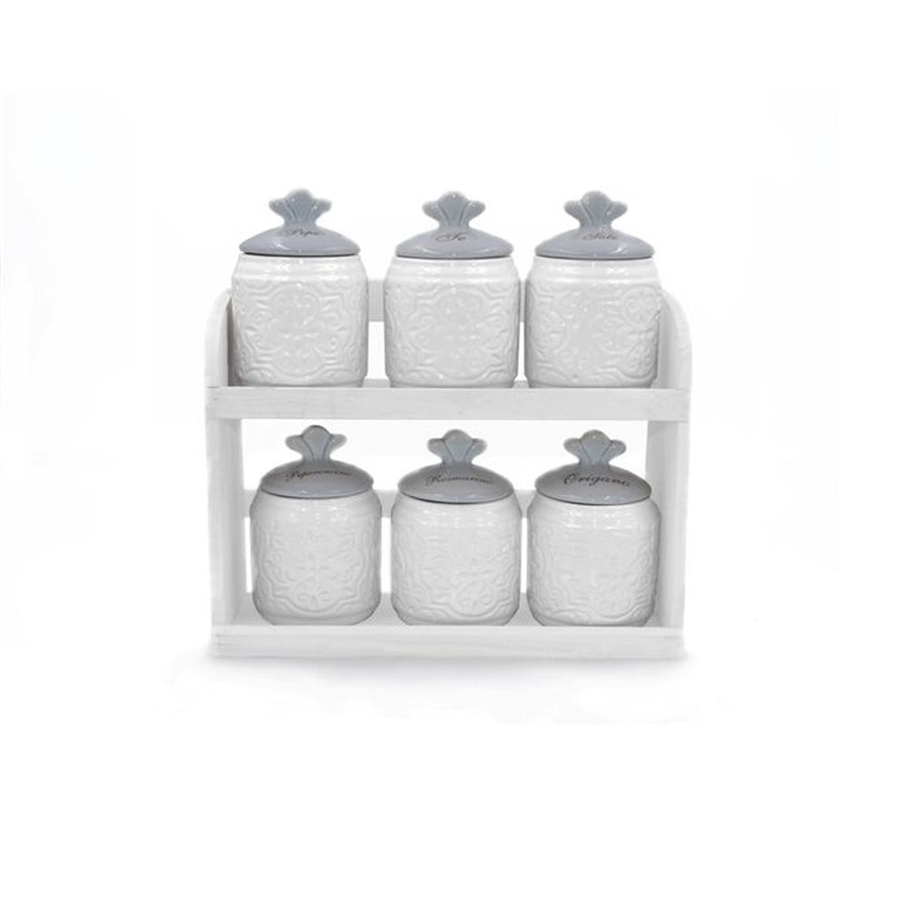 Set 6 Barattoli da Cucina Spezie in Ceramica con Mensola Decoro Grigio