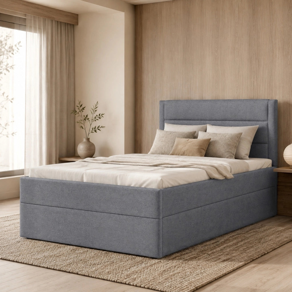 LETTO Imbottito 90x200 cm Grigio con contenitore in lino e MDF