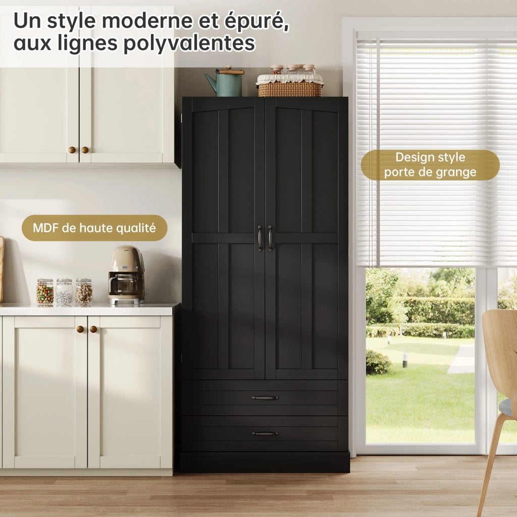 Dispensa da cucina alta con 3 ripiani estraibili; 2 cassetti e 2 ante; in MDF nero; 80 × 37.5 × 180 cm
