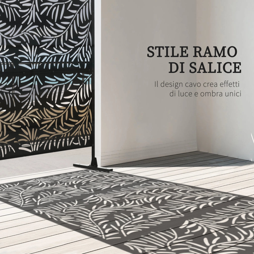Paravento Separè da Esterno 122x45x198 cm con Motivi a Salice e 2 Piedini in Acciaio Nero