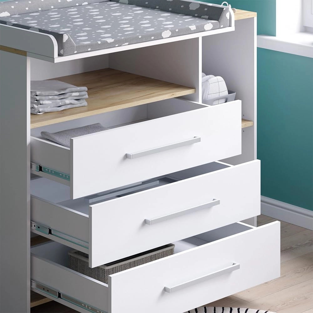 Fasciatoio Oskar, Rovere bianco/dorato, 113 x 93 cm con 3 cassetti