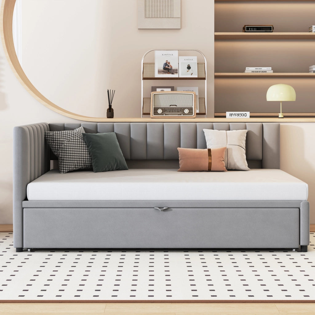 OKWISH Letto a Divano 90×200 cm, Letto Singolo con Letto Estraibile, Testiera e Schienale, senza Materasso, in Velluto, Grigio