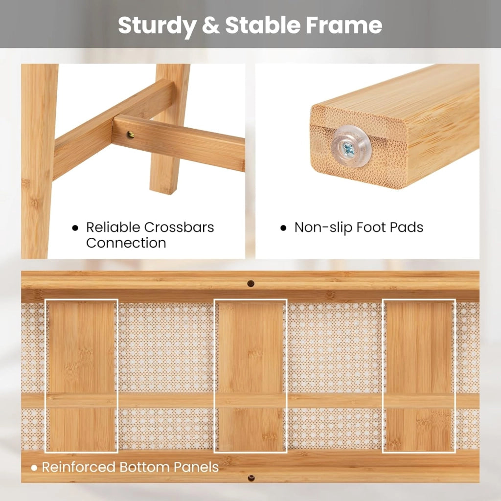 Panca d'Ingresso in Bambù, Sgabello da Pavimento con Seduta Traspirante in Rattan, Stile Rustico, 100x35x45 cm, Portata Fino a 300 kg, per Ingresso, Sala da Pranzo e Camera da Letto