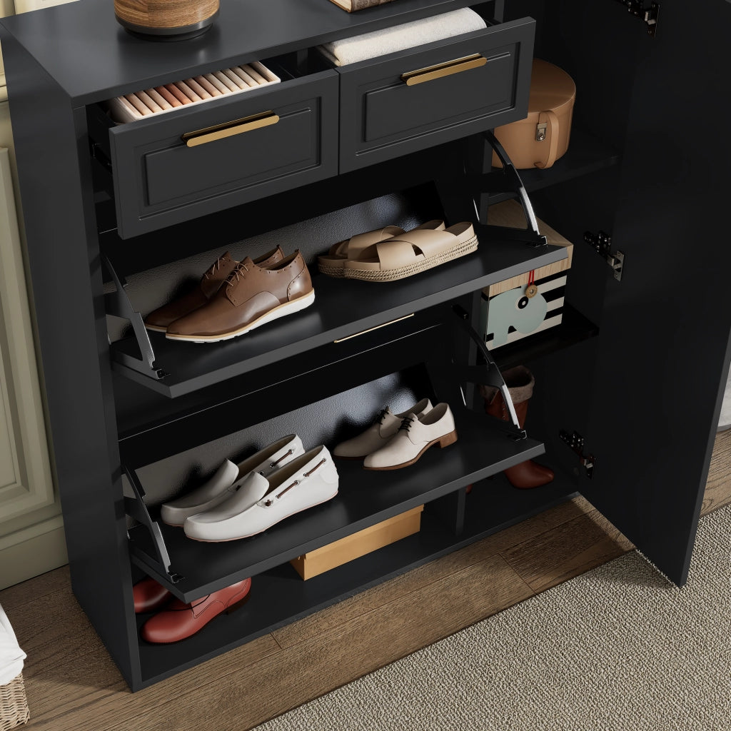 Scarpiera con ripiani regolabili, 2 cassetti e vani aperti, per ingresso, in truciolare e MDF, nero, 95 × 24 × 107 cm
