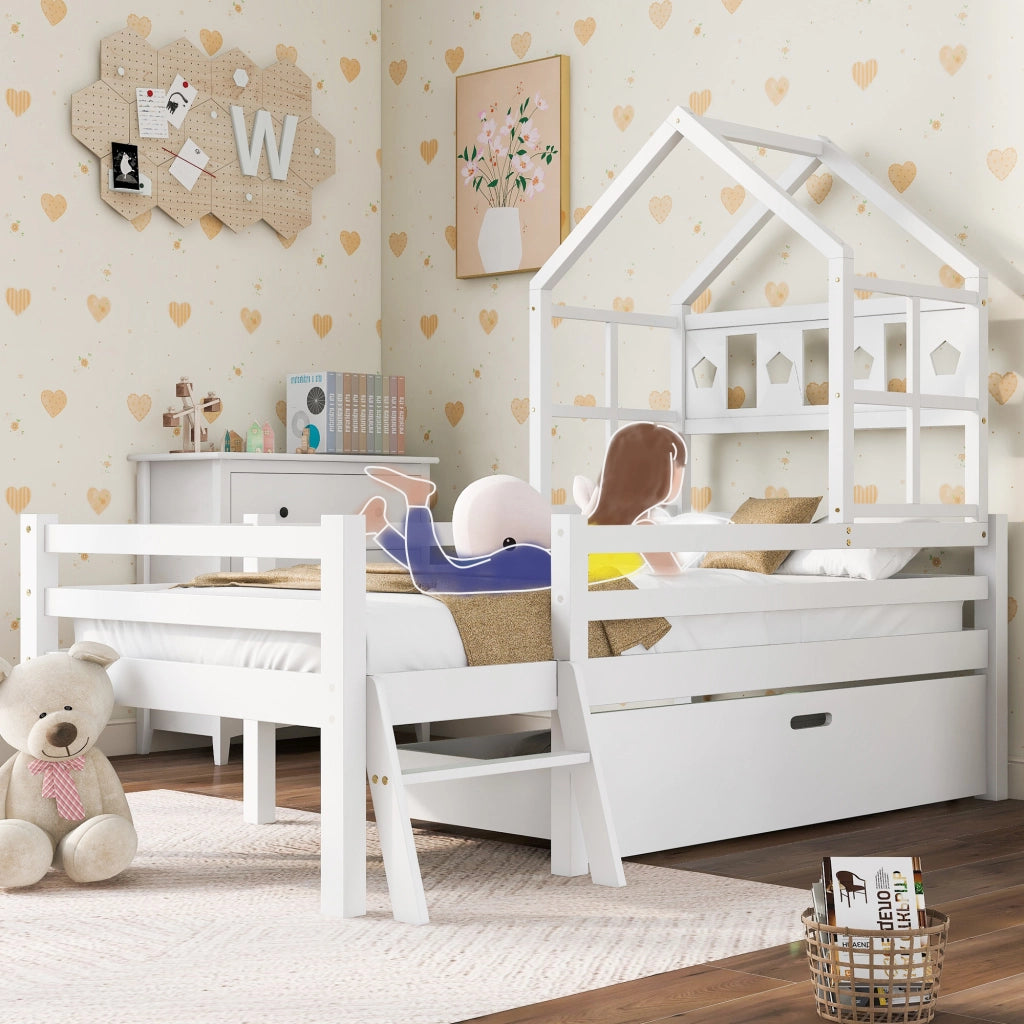 Letto a soppalco per bambini in legno massello con scala e cassetto, 90x200 cm, bianco