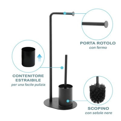 Piantana Porta Rotolo e Porta Scopino Nera Opaca Base Ovale