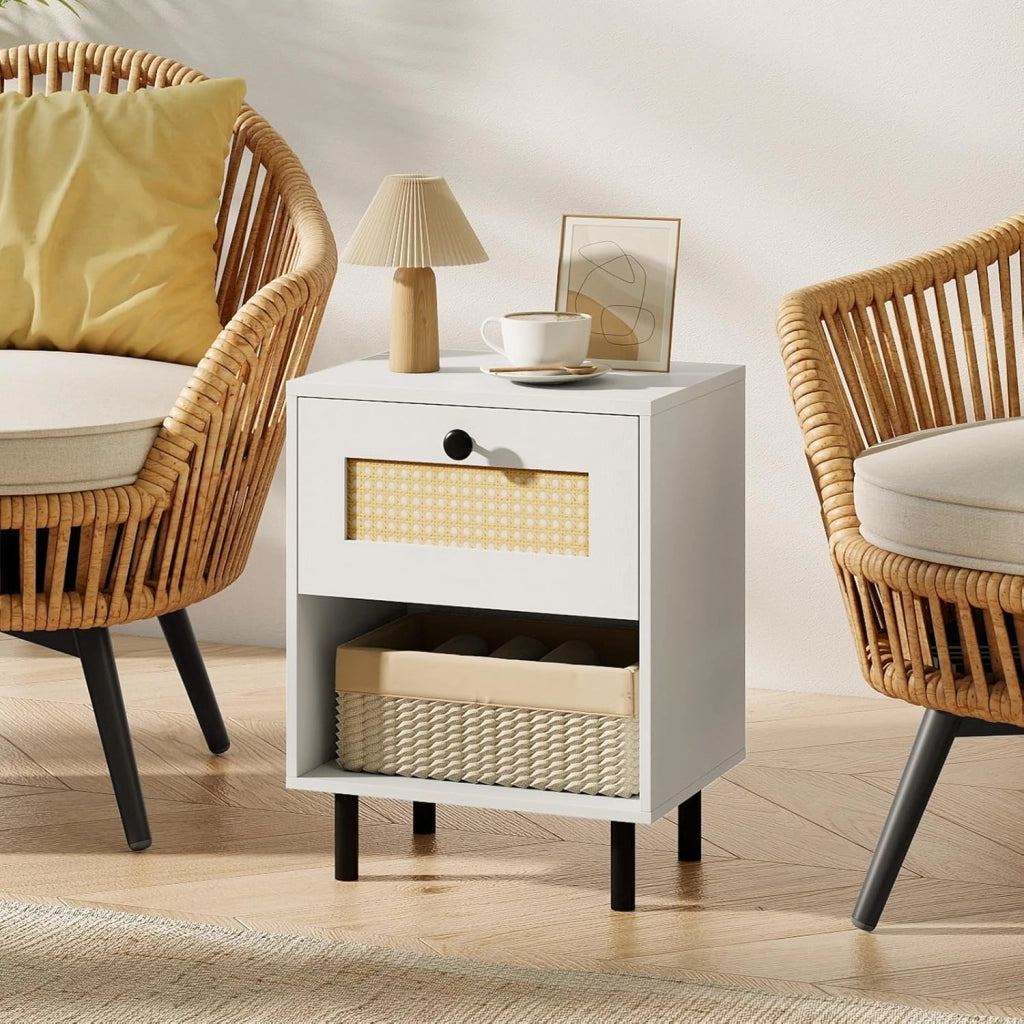 Comodino Camera da Letto con Cassetto Ampio, Scomparto Aperto e Gambe in Metallo, Mobile Laterale con 2 Dispositivi Antiribaltamento, Struttura Elegante per Libri (40 x 30 x 52 cm,1)