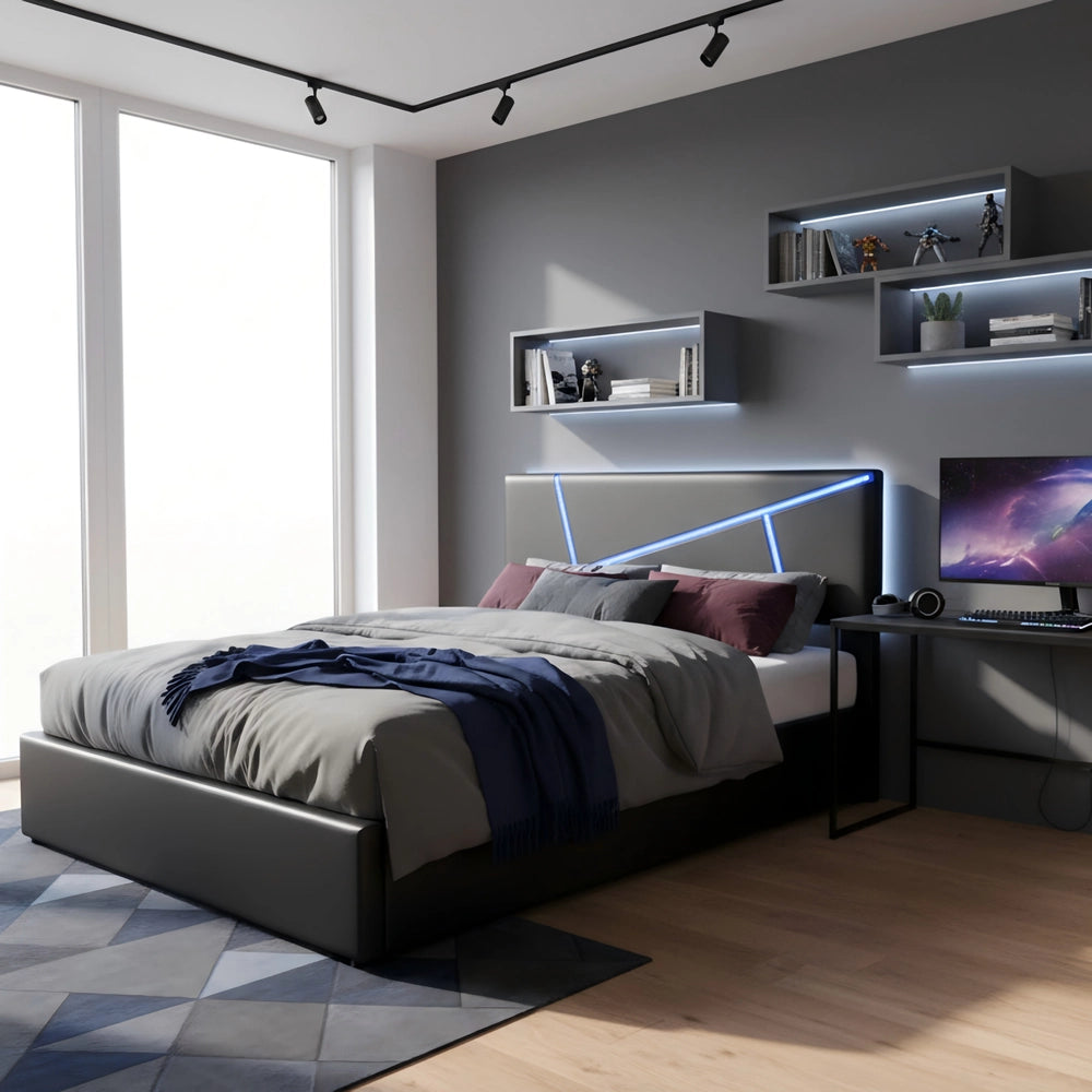 Letto Imbottito con LED ¨C MINIMAL ¨C Similpelle Nero, Contenitore Idraulico, Rete a Doghe, 90x200