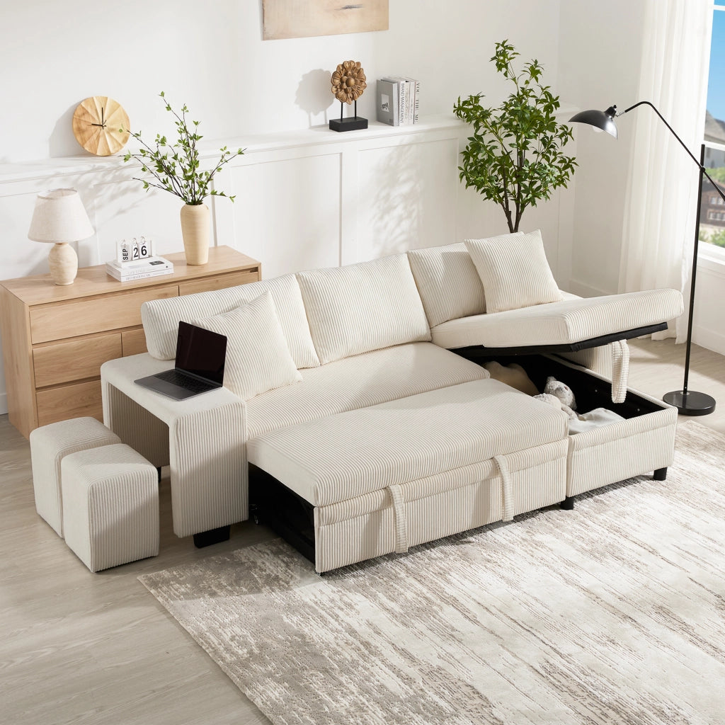 Divano Letto Angolare Convertibile 3-4 Posti con Vano Contenitore; USB e Type C; Bracciolo Largo e Mensola; in Velluto a Coste Beige