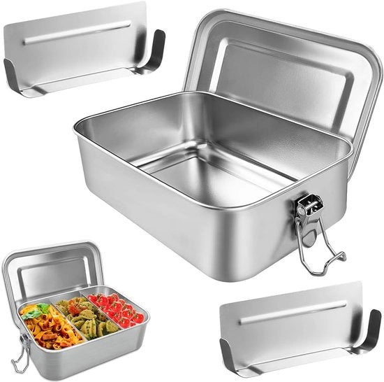Lunchbox premium in acciaio inossidabile, con 2 contenitori, contenitore per pane da 800 ml (650 ml di capacità netta), impermeabile, lavastoviglie, inclusa guarnizione di gomma silicone di ricambio, 15 x 11,3 x 5 cm.