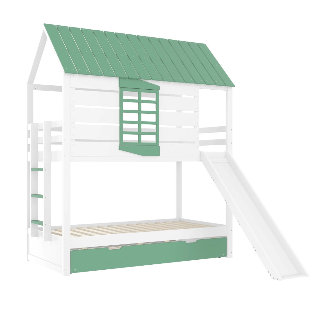 OKWISH Letto a Castello 90×200 cm, Letto Singolo con Scivolo, Letto estraibile, Sponde e Scala, senza Materasso, Bianco Verde
