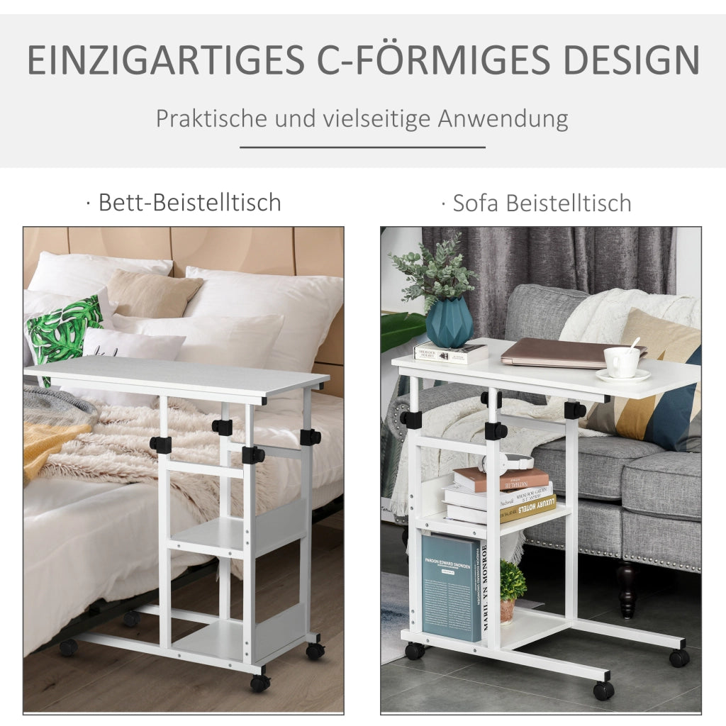 Tavolino con rotelle, regolabile in altezza, 2 ripiani, struttura metallo, 80x40x72-82 cm ¨C zephmum ¨C Bianco