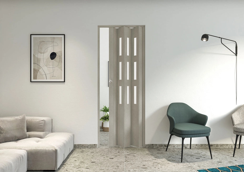 Porta a Soffietto da Interno Maya 83x214 cm Made in Italy in PVC con Vetro Satinato Tessuto Grigio