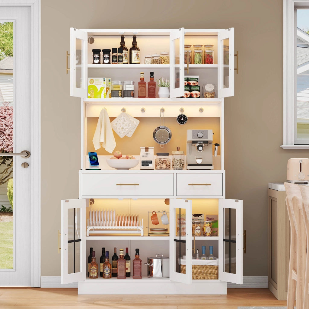 Credenza da cucina con 6 ante in vetro 2 cassetti ripiani regolabili LED e presa in MDF bianco 100 × 40 × 180 cm