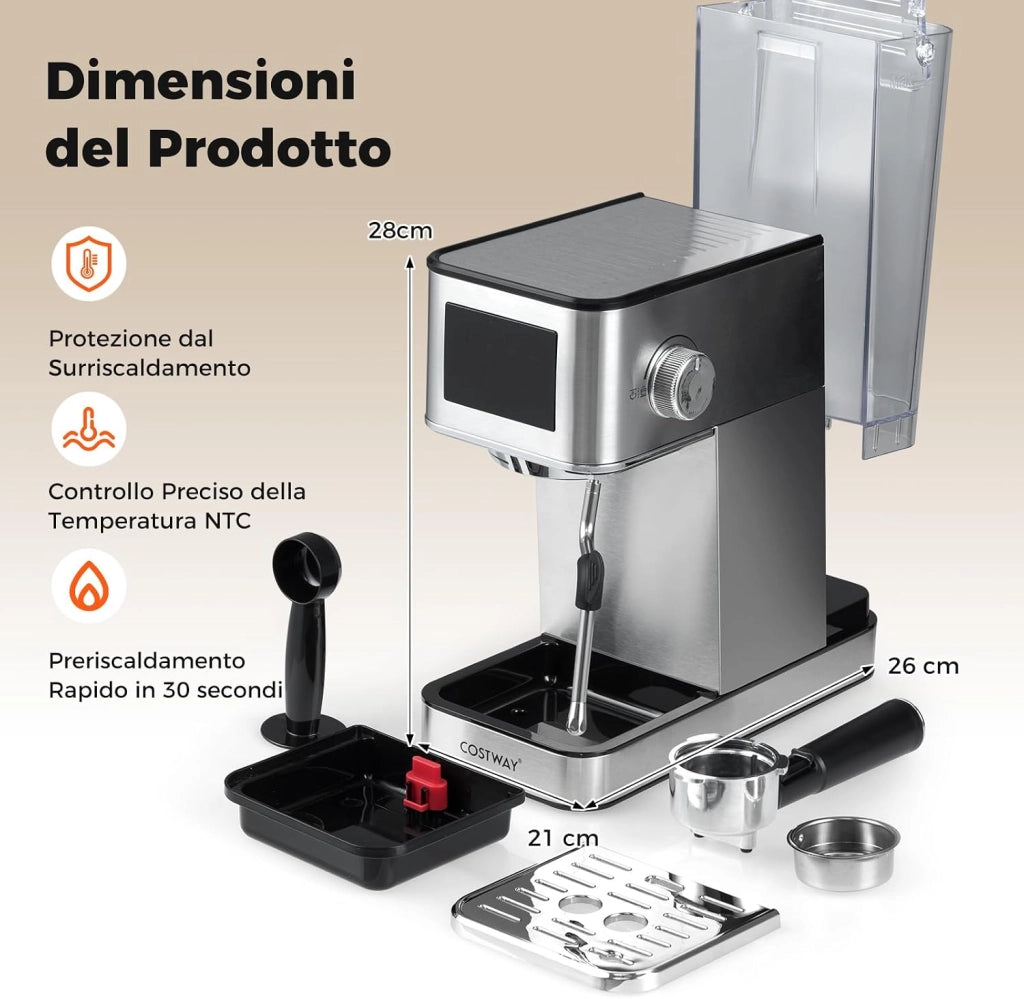 Macchina da caffè Automatica, Schermo a Sfioramento, Macchina per Espresso in Acciaio Inossidabile per Cappuccino Latte Macchiato, 26 x 21 x 28 cm
