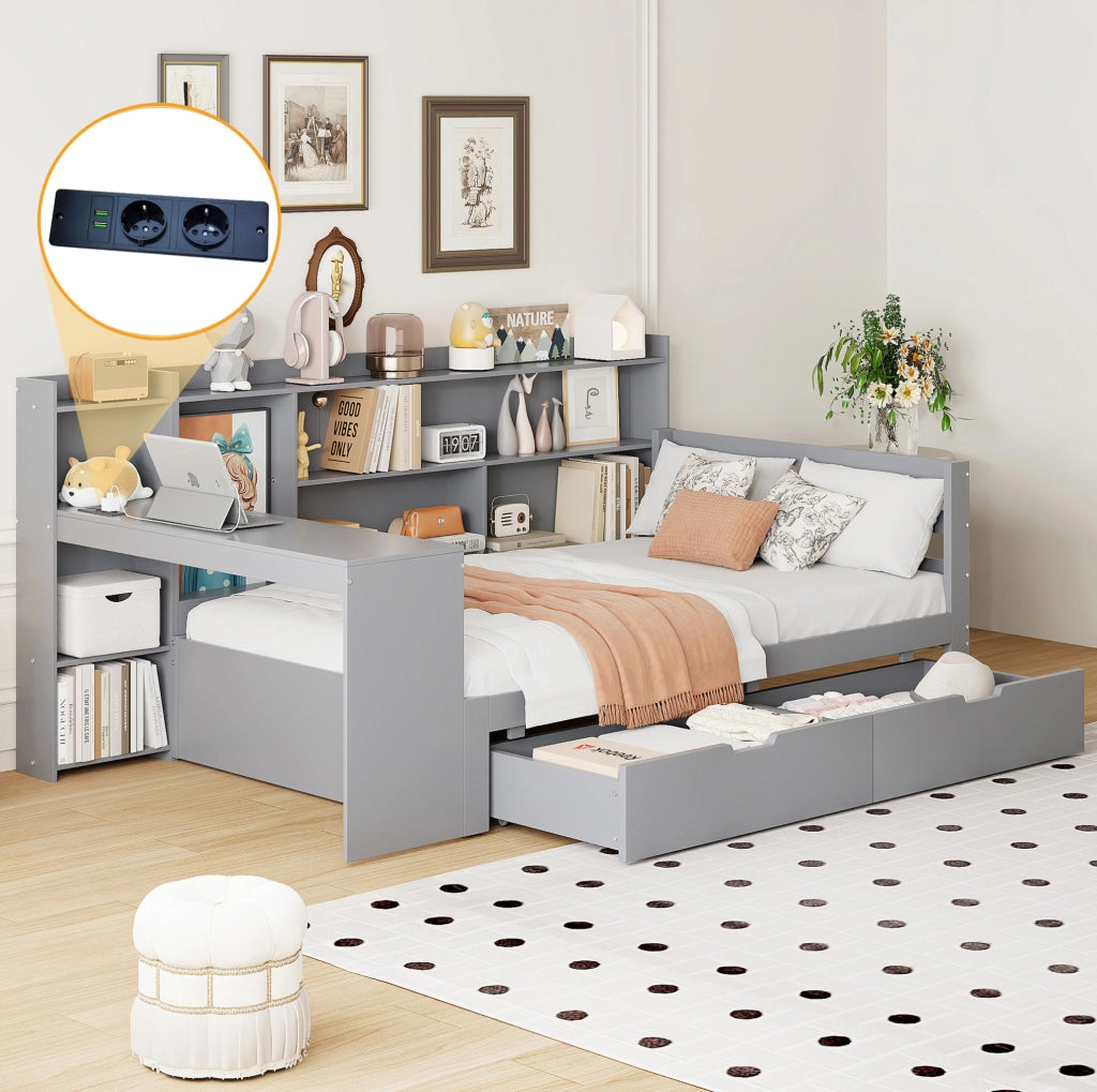 Letto multifunzionale 90x200 cm con scrivania; mensole; prese e 2 cassetti; grigio
