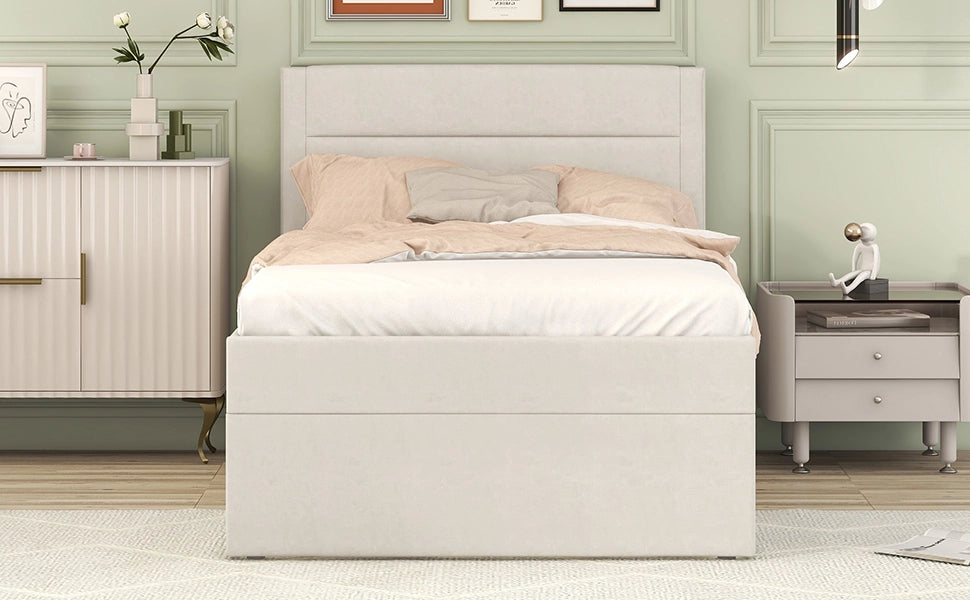 DESMIU Lit simple 90 × 200 cm con contenitore, senza materasso, in lino e MDF, beige