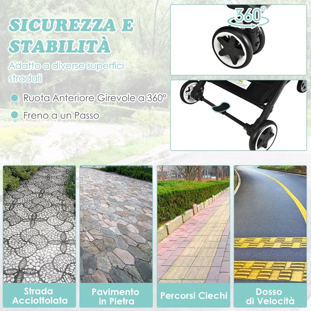 Passeggino Leggero per Bambini, Carrozzina con Schienale Regolabile, Passeggino Pieghevole con Ruote Universali, Sacco a fondo,per Bambini 0-36 Mesi, Portata 15 kg(Nero)