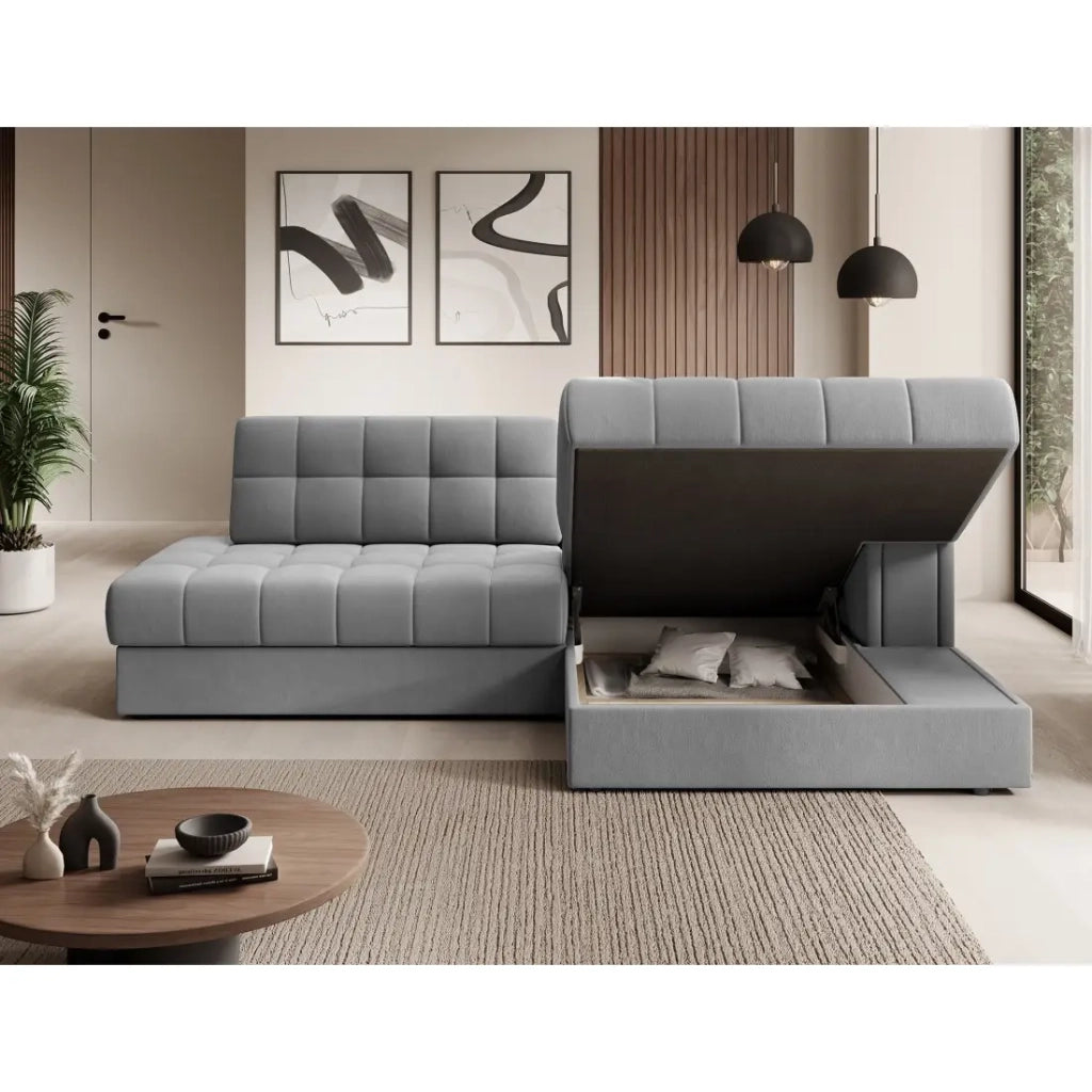 Divano angolare trasformabile CUBITO grigio 240 cm con contenitore e letto