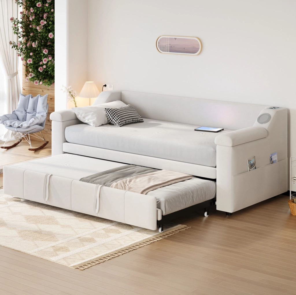 Divano letto 90x190 cm convertibile con Bluetooth; USB e vani in velluto beige
