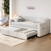 Divano letto 90x190 cm convertibile con Bluetooth; USB e vani in velluto beige