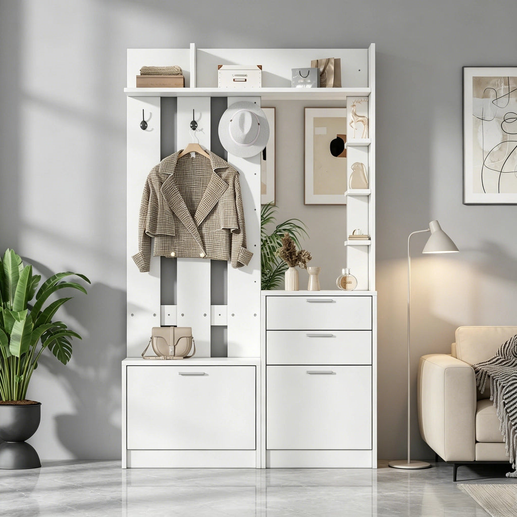 Mobile ingresso con 2 cassetti; specchio e 2 scarpiere ribaltabili - 110×34×185 cm
