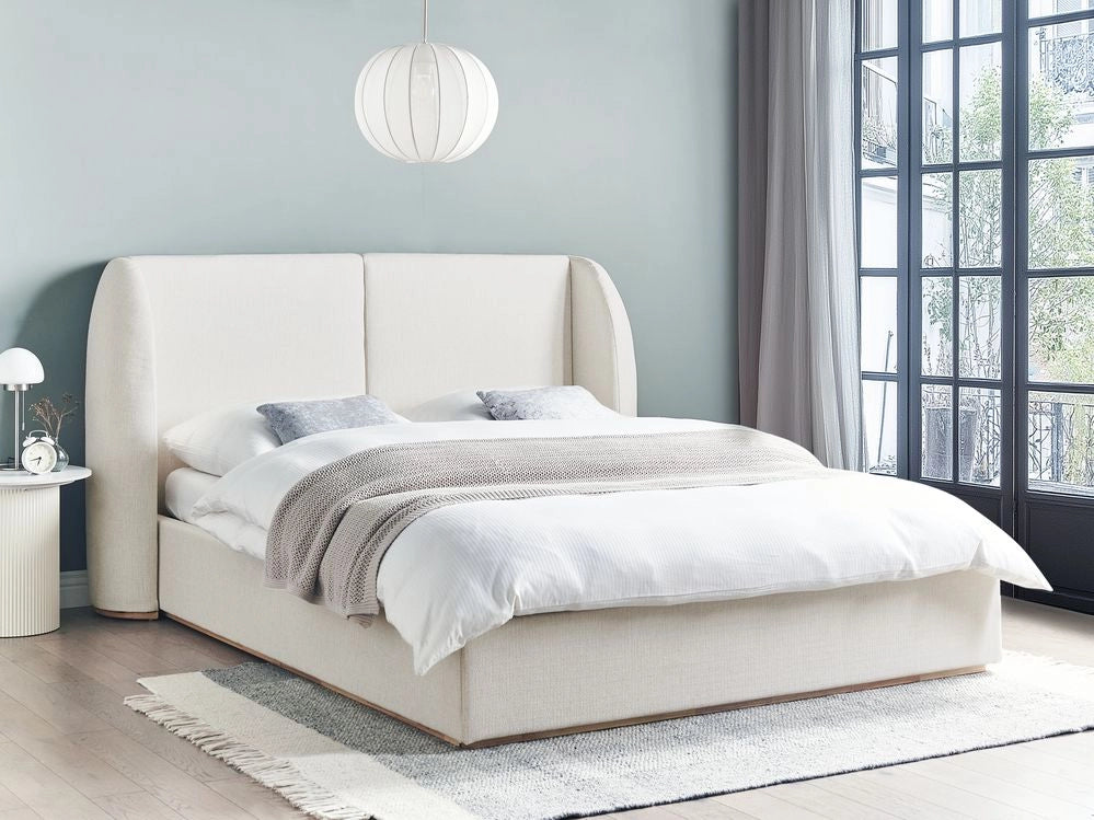 Letto matrimoniale con contenitore rivestito in tessuto bianco sporco con ampia testata 160 x 200 cm camera da letto elegante
