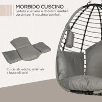 Poltrona Sospesa con Cuscino Imbottito, Seduta Pieghevole e Struttura in Acciaio e Corda, Grigio