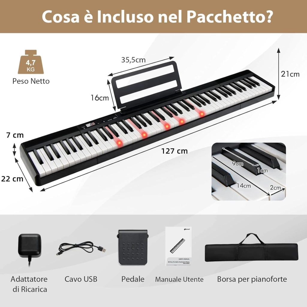 Tastiera Pianoforte Elettronica 88 Tasti, Pianoforte Digitale con Luci, Tastiera Elettronica con Borsa, 128 Ritmi e Toni, Sustain Pedale, Midi/USB/Bluetooth, per Principianti Bambini Adulti