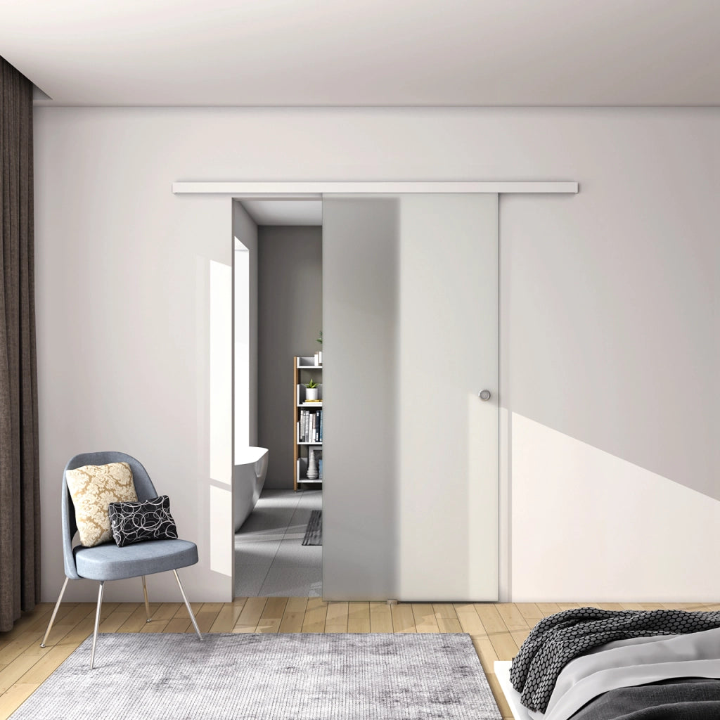 95x225 cm Porta Scorrevole in Vetro da 8 mm Temperato Opaco con Pellicola Anti-frantumi con Binario in Alluminio Bianco Verniciato