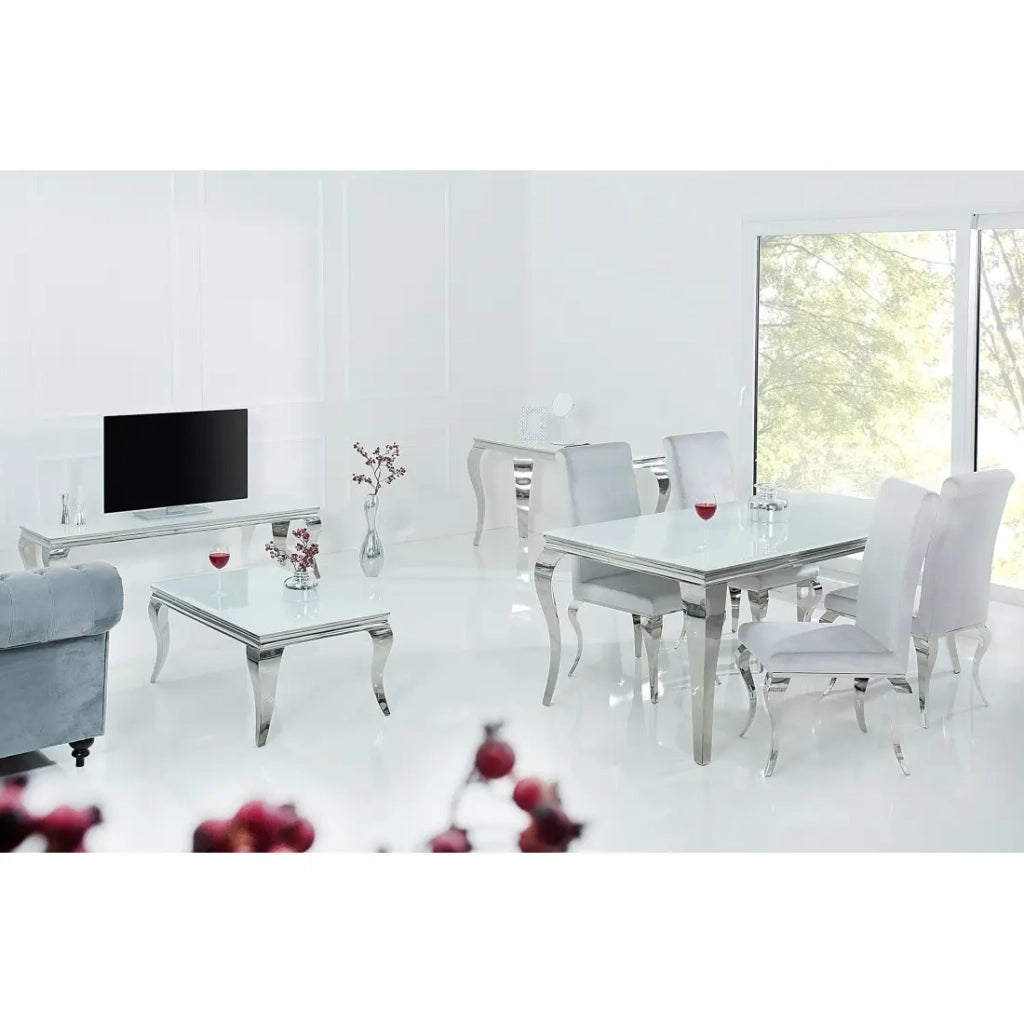 Tavolo da pranzo VELENA – Acciaio argentato e vetro opalino – 200 cm – Stile barocco moderno
