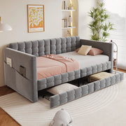 Letto imbottito 90x190 cm con 2 cassetti e tasche laterali in velluto grigio