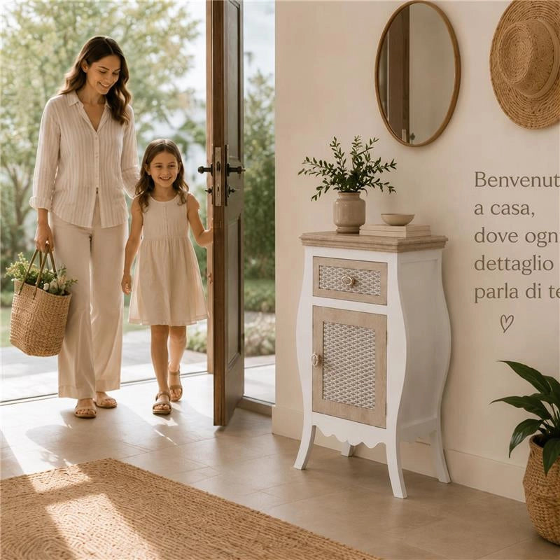CHARM COMODINO CON CASSETTO E ANTA 48 X 34 X 77 CM COLORE BIANCO E CREMA