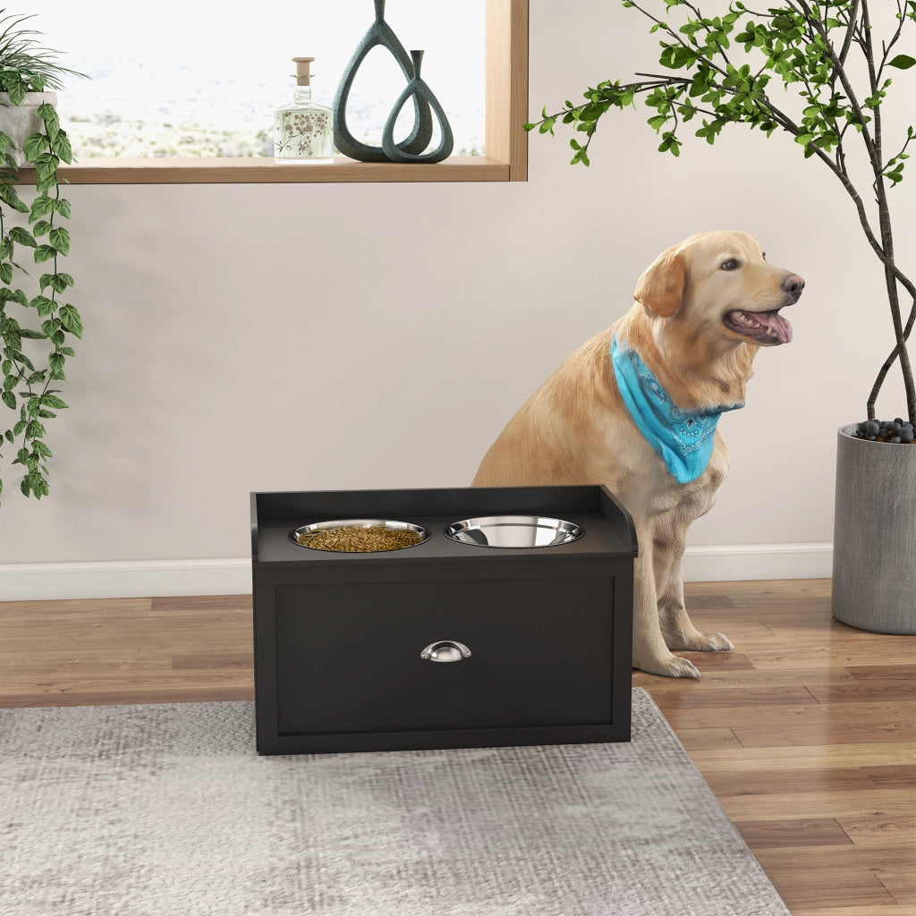 Ciotola per Cane con Cassetto ¨C Zephmum ¨C Nero+Argento, Acciaio, 60x30x36 cm