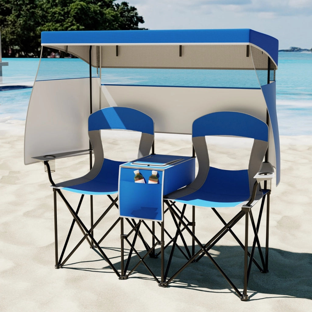 Sedia doppia da spiaggia tende ombreggianti su 3 lati borsa termica, Doppia sedia da spiaggia con tettoia regolabile Blu-Tavoli e sedie da campeggio