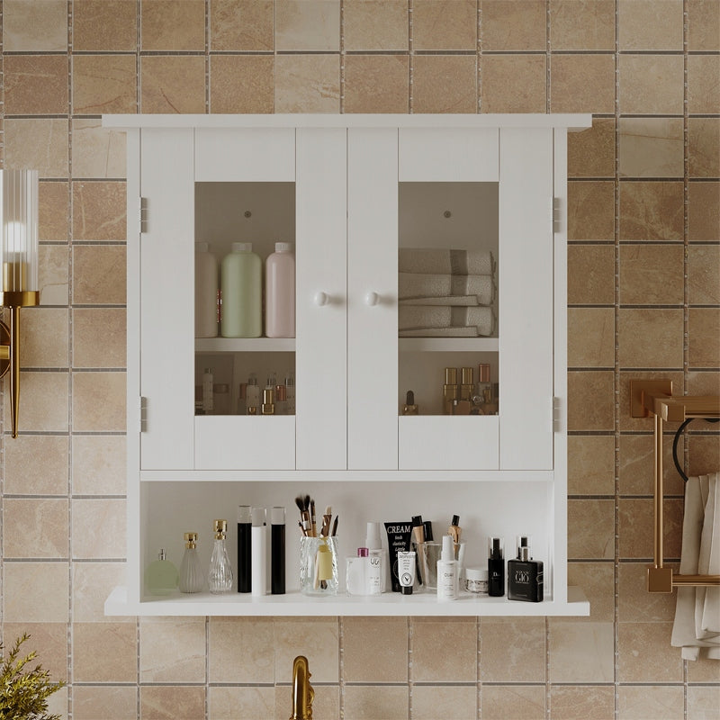 MOBILE DA BAGNO SOSPESO BIANCO A 2 ANTE IN VETRO DA PARETE CON RIPIANI