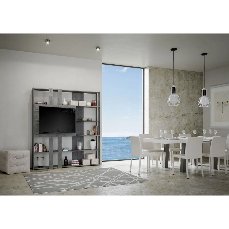 Composizione Libreria Kato 6R 2 fianchi 2 fasce lunghe 2 fasce corte 2 fasce medie pannello TV - Cemento,L