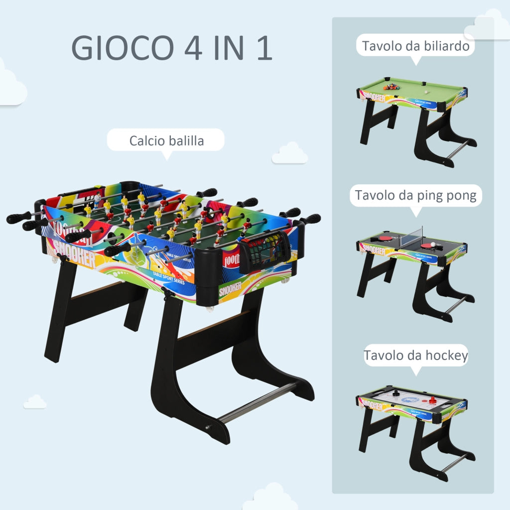 Tavolo da Gioco 4 in 1 Pieghevole per Calcio-Balilla. Biliardo. Air Hockey e Ping Pong. in MDF e Plastica